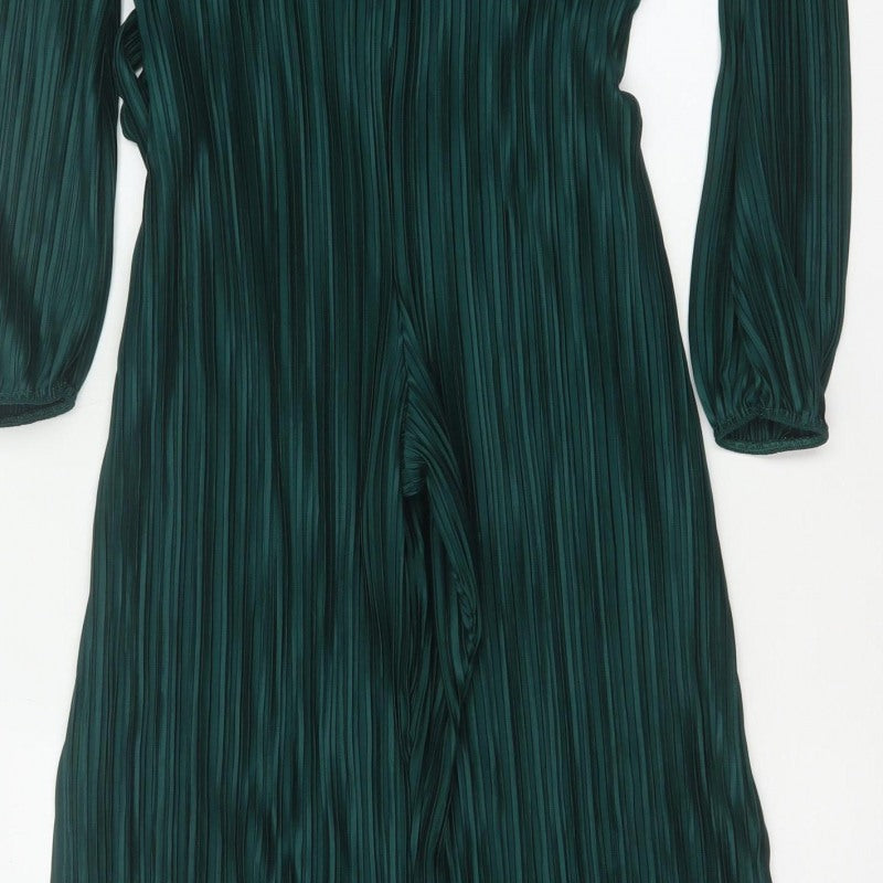 Boohoo Women Green UK 10 Pleated Wide-Leg Belted Jumpsuit