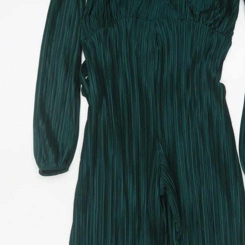 Boohoo Women Green UK 10 Pleated Wide-Leg Belted Jumpsuit
