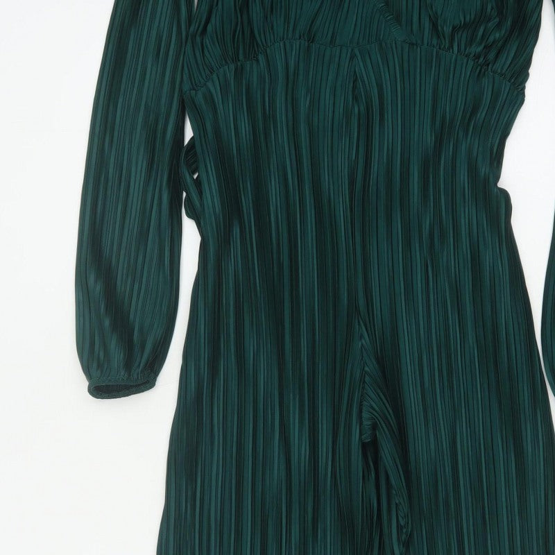 Boohoo Women Green UK 10 Pleated Wide-Leg Belted Jumpsuit