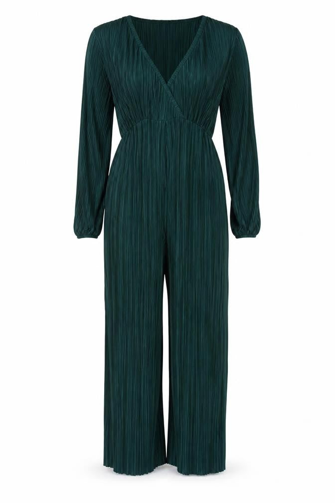 Boohoo Women Green UK 10 Pleated Wide-Leg Belted Jumpsuit