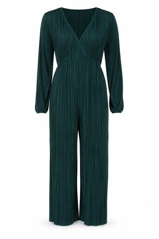 Boohoo Women Green UK 10 Pleated Wide-Leg Belted Jumpsuit