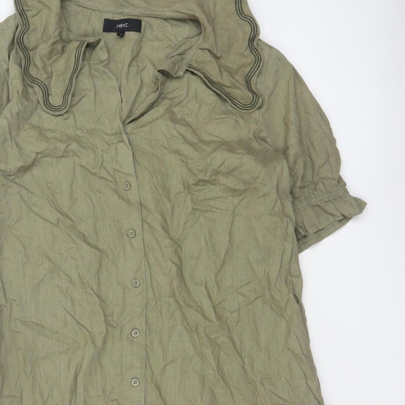 Next Women Green Linen UK 18 Knee Length Shirt Dress Embroidered