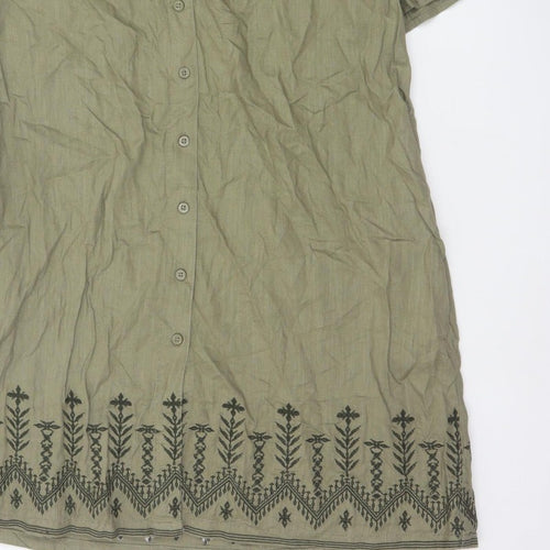 Next Women Green Linen UK 18 Knee Length Shirt Dress Embroidered