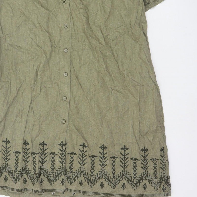 Next Women Green Linen UK 18 Knee Length Shirt Dress Embroidered
