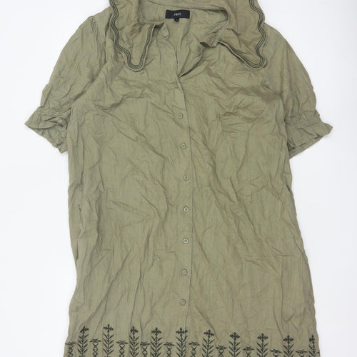 Next Women Green Linen UK 18 Knee Length Shirt Dress Embroidered