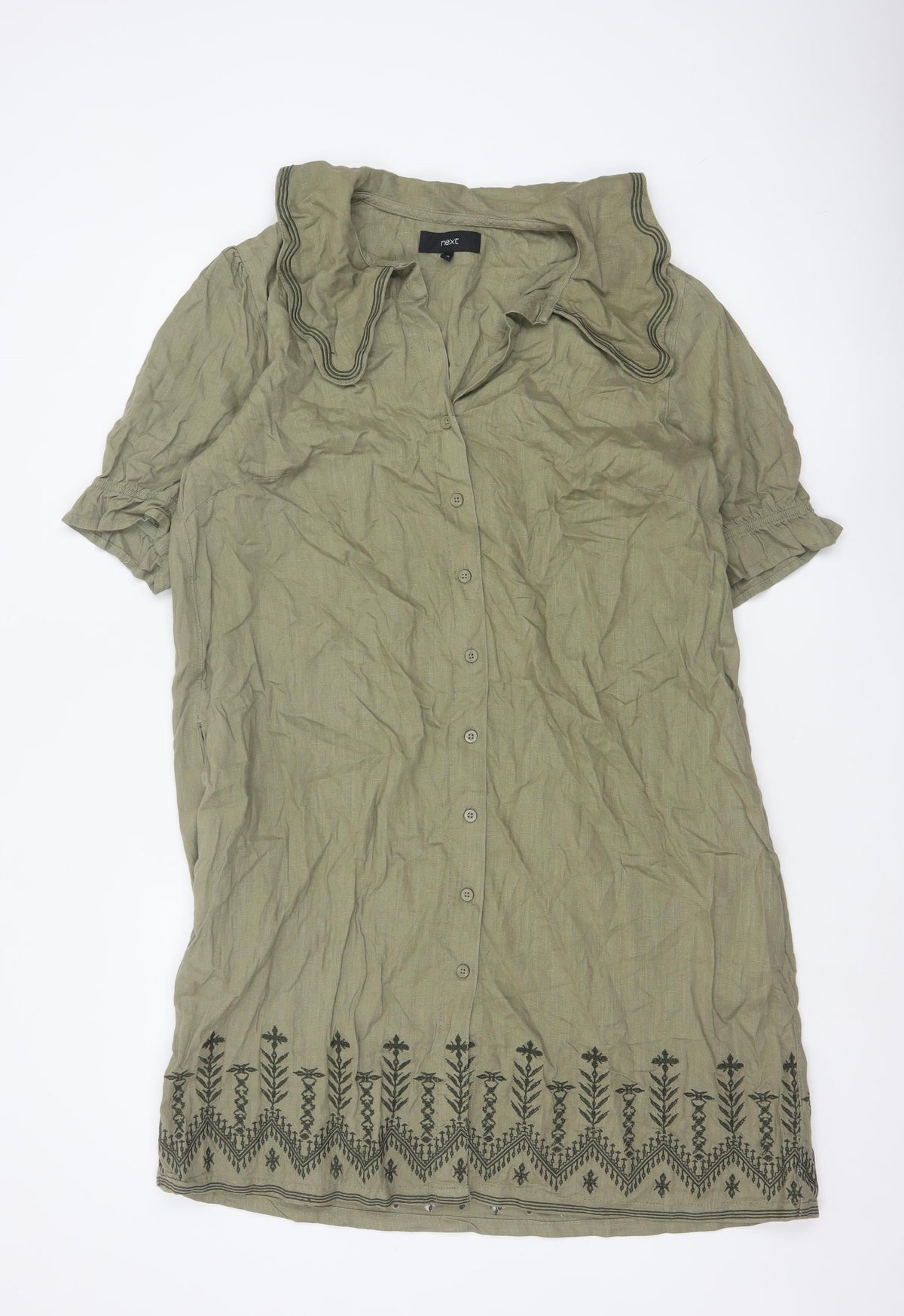 Next Women Green Linen UK 18 Knee Length Shirt Dress Embroidered