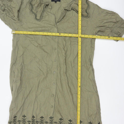 Next Women Green Linen UK 18 Knee Length Shirt Dress Embroidered