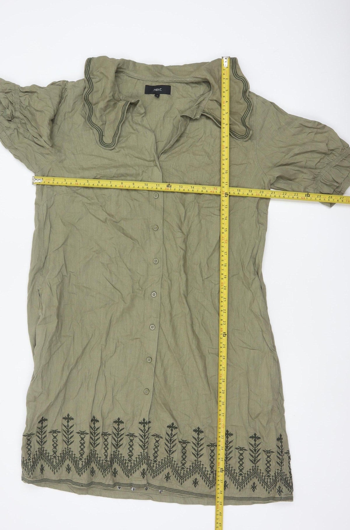 Next Women Green Linen UK 18 Knee Length Shirt Dress Embroidered