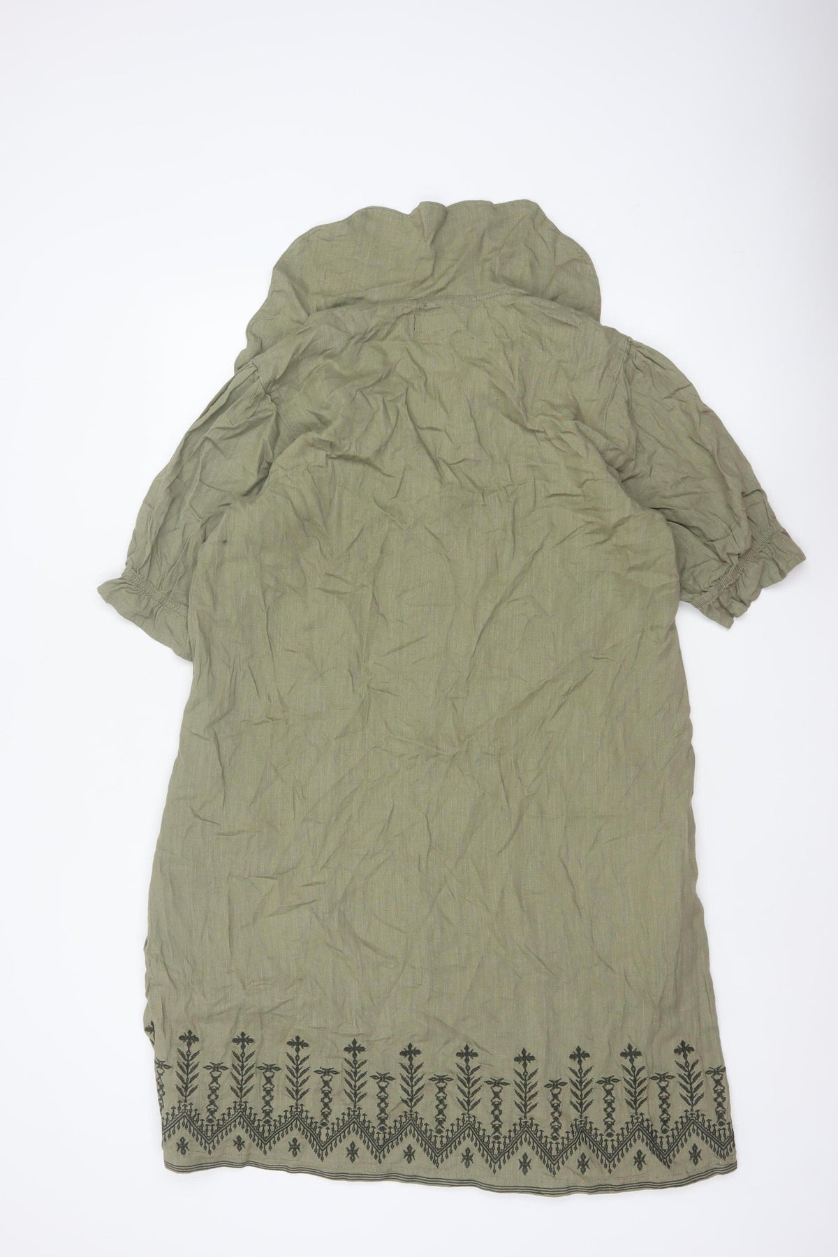 Next Women Green Linen UK 18 Knee Length Shirt Dress Embroidered