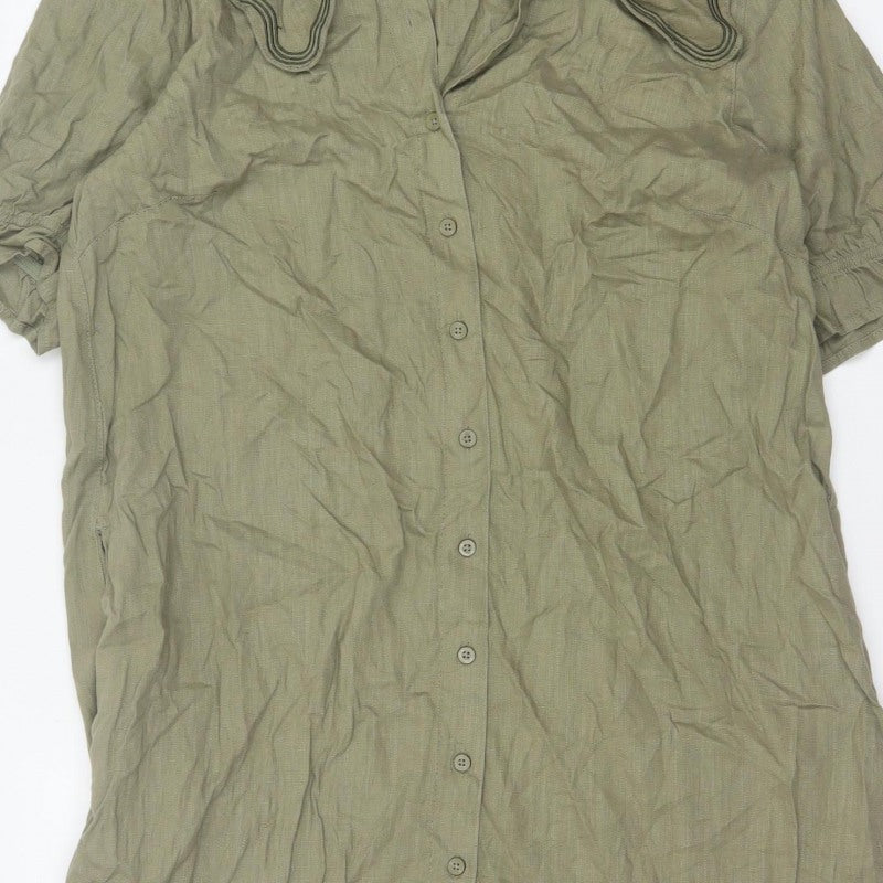 Next Women Green Linen UK 18 Knee Length Shirt Dress Embroidered