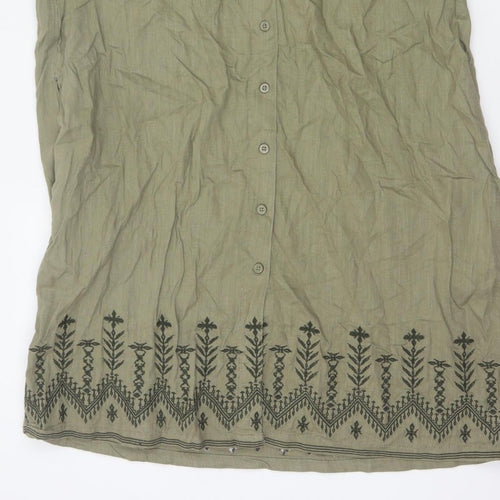 Next Women Green Linen UK 18 Knee Length Shirt Dress Embroidered