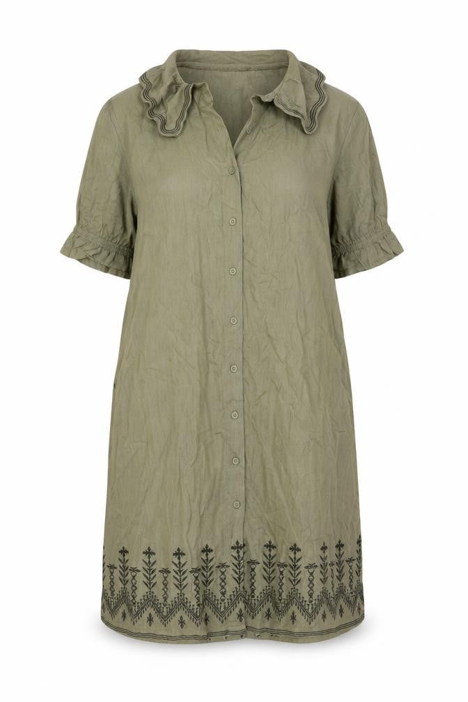 Next Women Green Linen UK 18 Knee Length Shirt Dress Embroidered