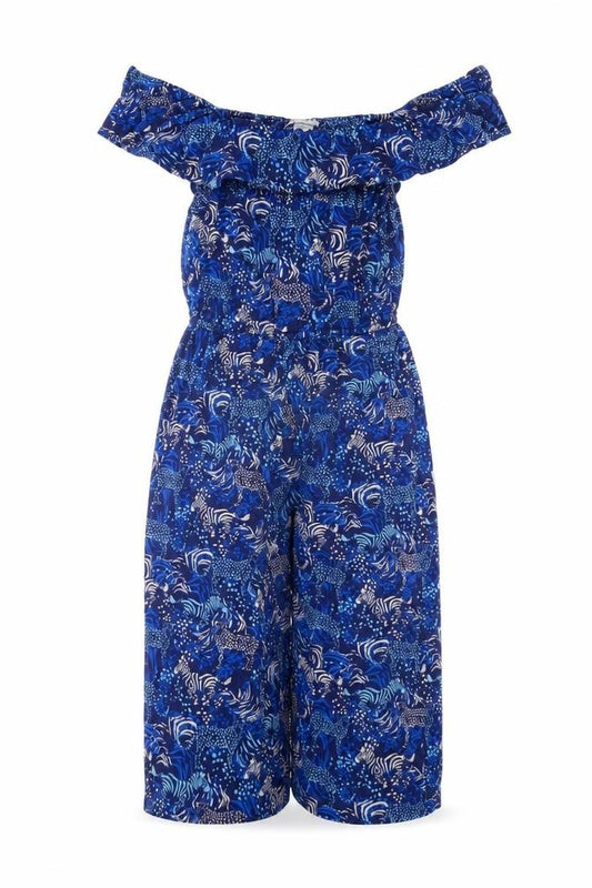 Front view of Monsoon girls’ blue 5-6 years animal print off shoulder wide leg jumpsuit