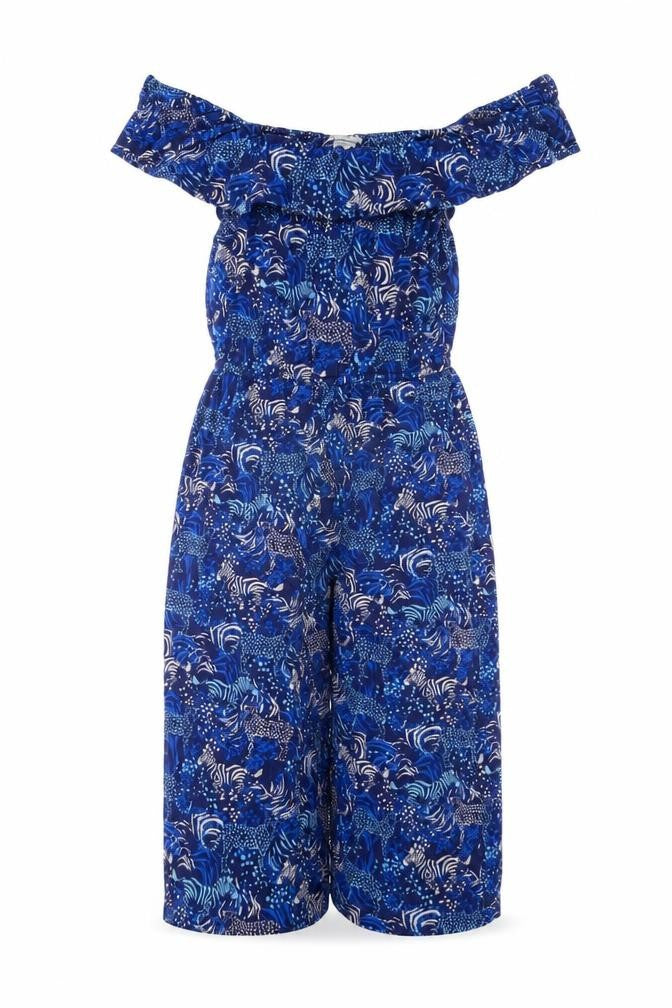 Monsoon Girls Blue 5-6 Years Animal Print Off Shoulder Wide Leg Jumpsuit