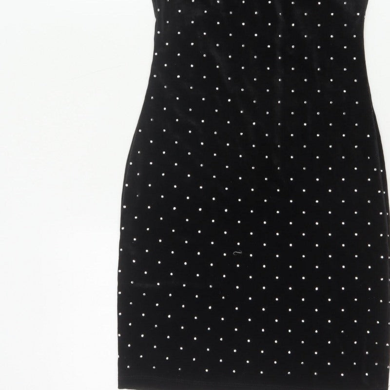 H&M Women Black XS Velvet Rhinestone Bodycon Knee Length Party Dress