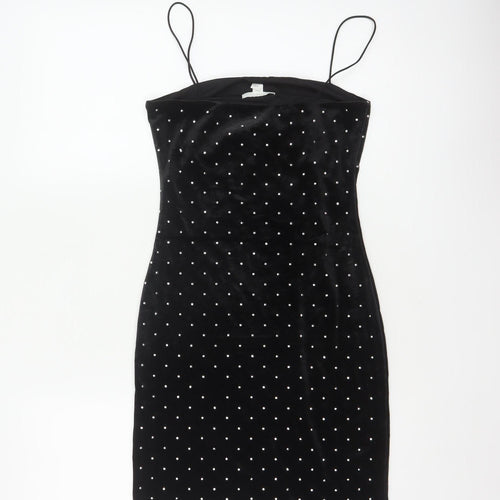 H&M Women Black XS Velvet Rhinestone Bodycon Knee Length Party Dress
