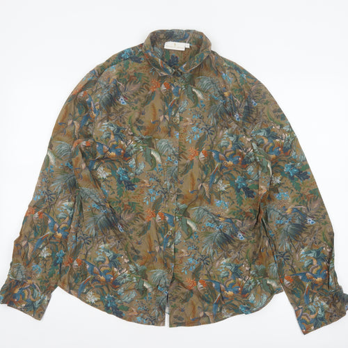House of Bruar Women Brown UK 16 Basic Floral Bird Cotton Shirt