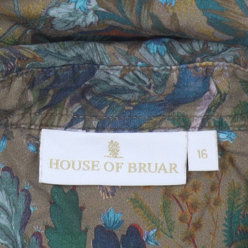 House of Bruar Women Brown UK 16 Basic Floral Bird Cotton Shirt