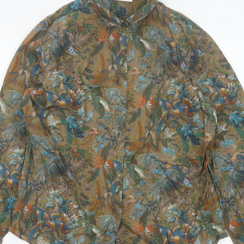 House of Bruar Women Brown UK 16 Basic Floral Bird Cotton Shirt