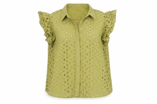 Front view of Marks and Spencer Women Green UK 22 Ruffle Eyelet Cotton Button-Up Blouse