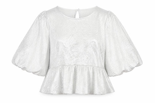 Nobody's Child Women Silver UK 14 Metallic Puff Sleeve Ruffle Blouse