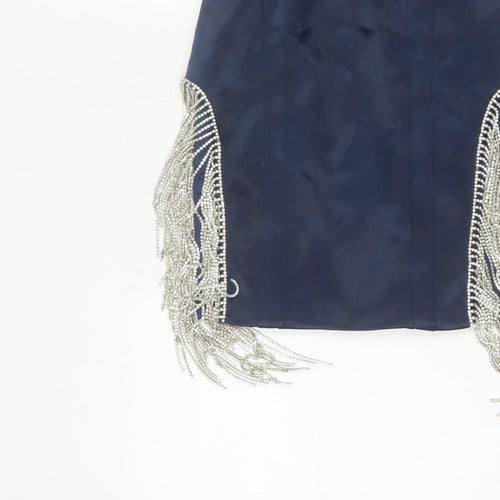 Oh Polly Women Blue UK 10 Bodycon Strapless Mini Beaded Fringe Party Dress
