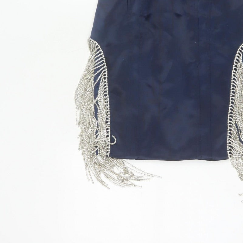 Oh Polly Women Blue UK 10 Bodycon Strapless Mini Beaded Fringe Party Dress