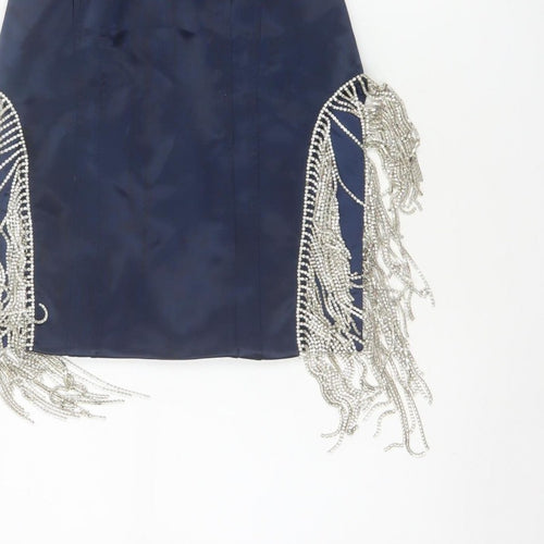 Oh Polly Women Blue UK 10 Bodycon Strapless Mini Beaded Fringe Party Dress