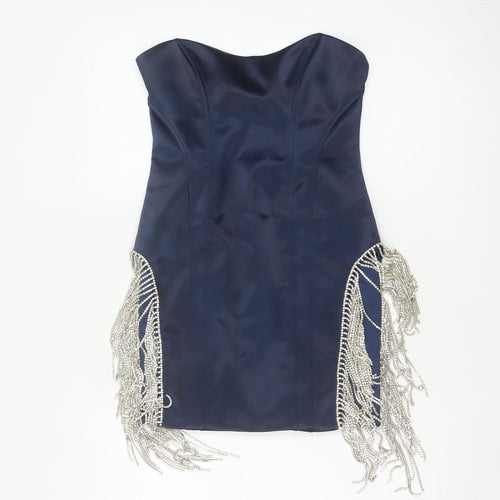 Oh Polly Women Blue UK 10 Bodycon Strapless Mini Beaded Fringe Party Dress