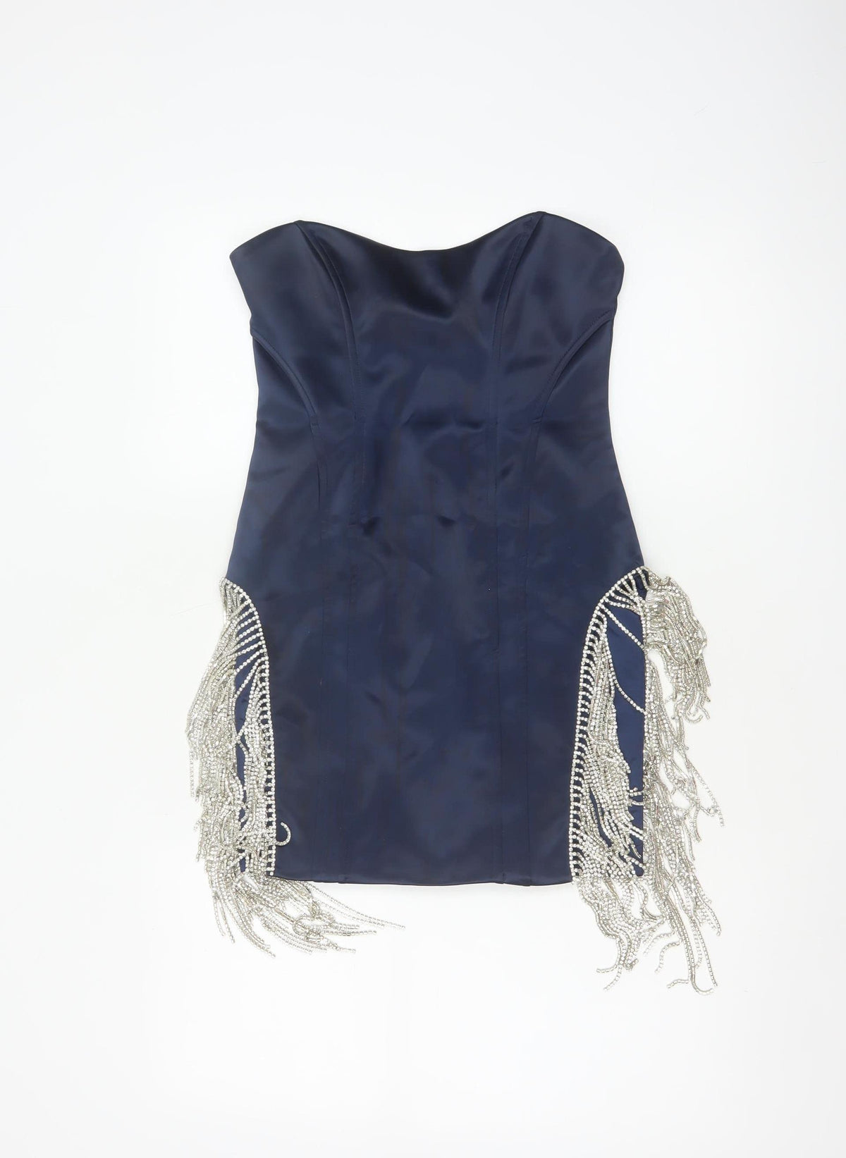 Oh Polly Women Blue UK 10 Bodycon Strapless Mini Beaded Fringe Party Dress