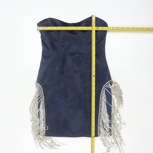 Oh Polly Women Blue UK 10 Bodycon Strapless Mini Beaded Fringe Party Dress