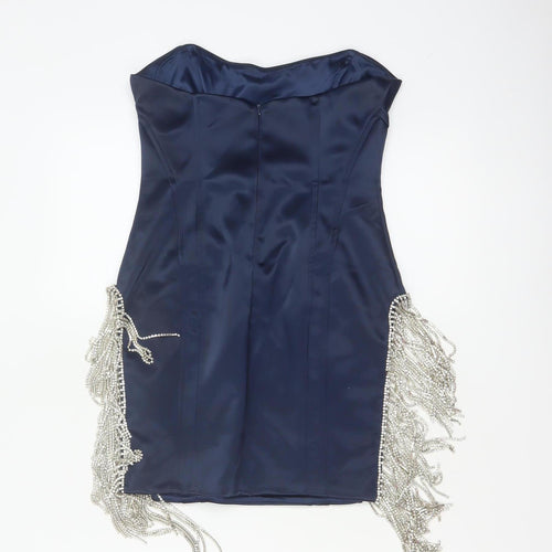 Oh Polly Women Blue UK 10 Bodycon Strapless Mini Beaded Fringe Party Dress