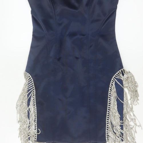 Oh Polly Women Blue UK 10 Bodycon Strapless Mini Beaded Fringe Party Dress