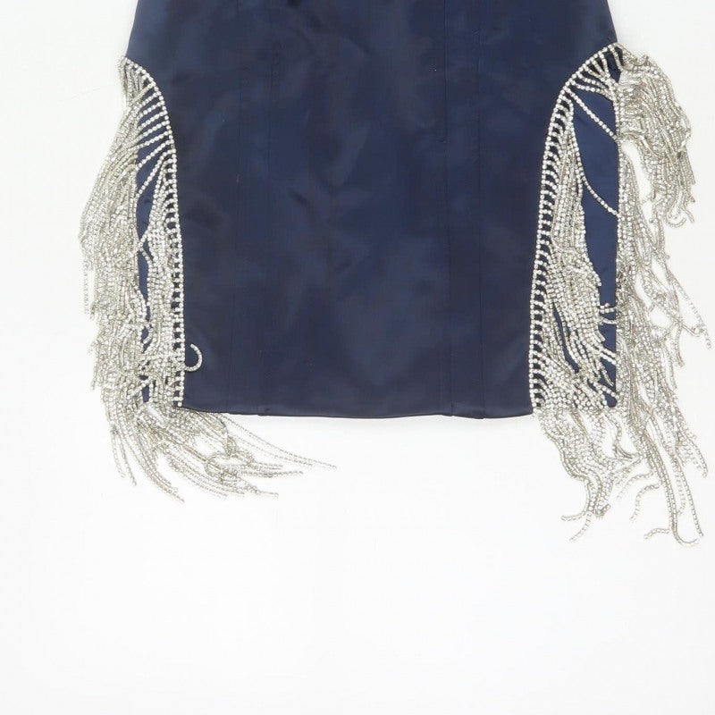 Oh Polly Women Blue UK 10 Bodycon Strapless Mini Beaded Fringe Party Dress