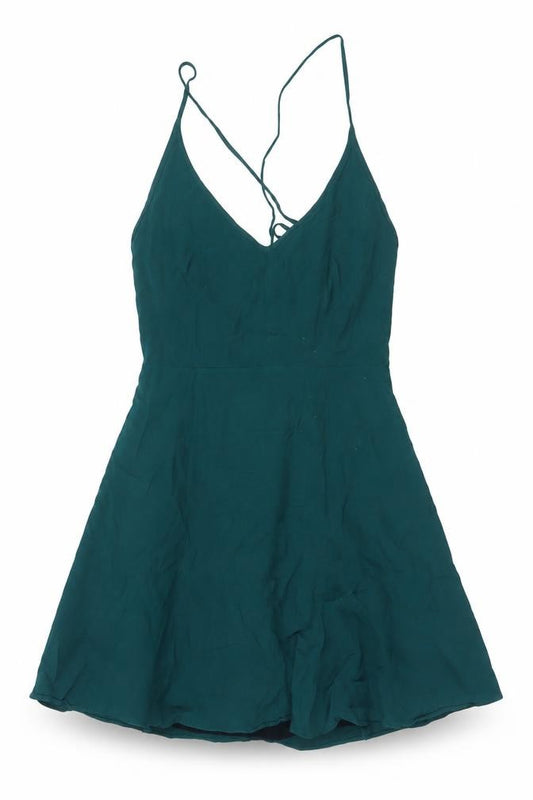 Front view of Forever 21 Women Green S A-Line Strappy V-Neck Tie Back Mini Dress