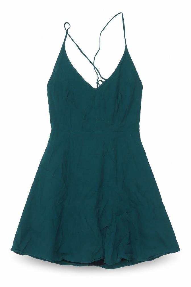 Forever 21 Women Green S A-Line Strappy V-Neck Tie Back Mini Dress