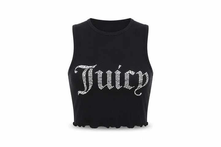 Juicy Couture Women Black XXS Rhinestone Logo Cropped Tank Top