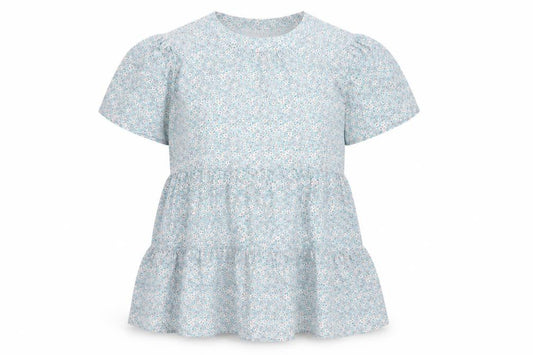 Faith and Joy Women Blue M Floral Peplum Short Sleeve Stretch Blouse