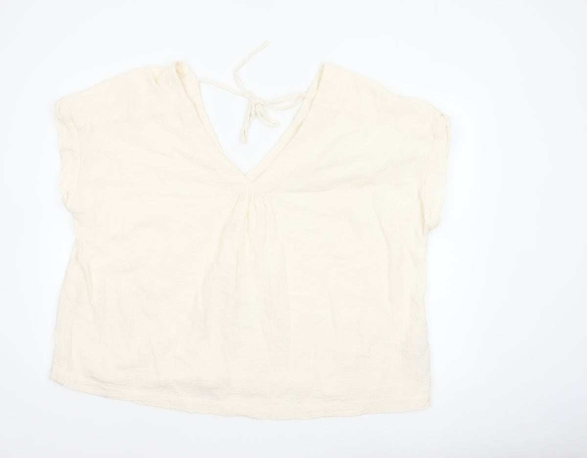 Fat Face Women Ivory UK 20 Basic Cotton Tie-Back V-Neck Blouse