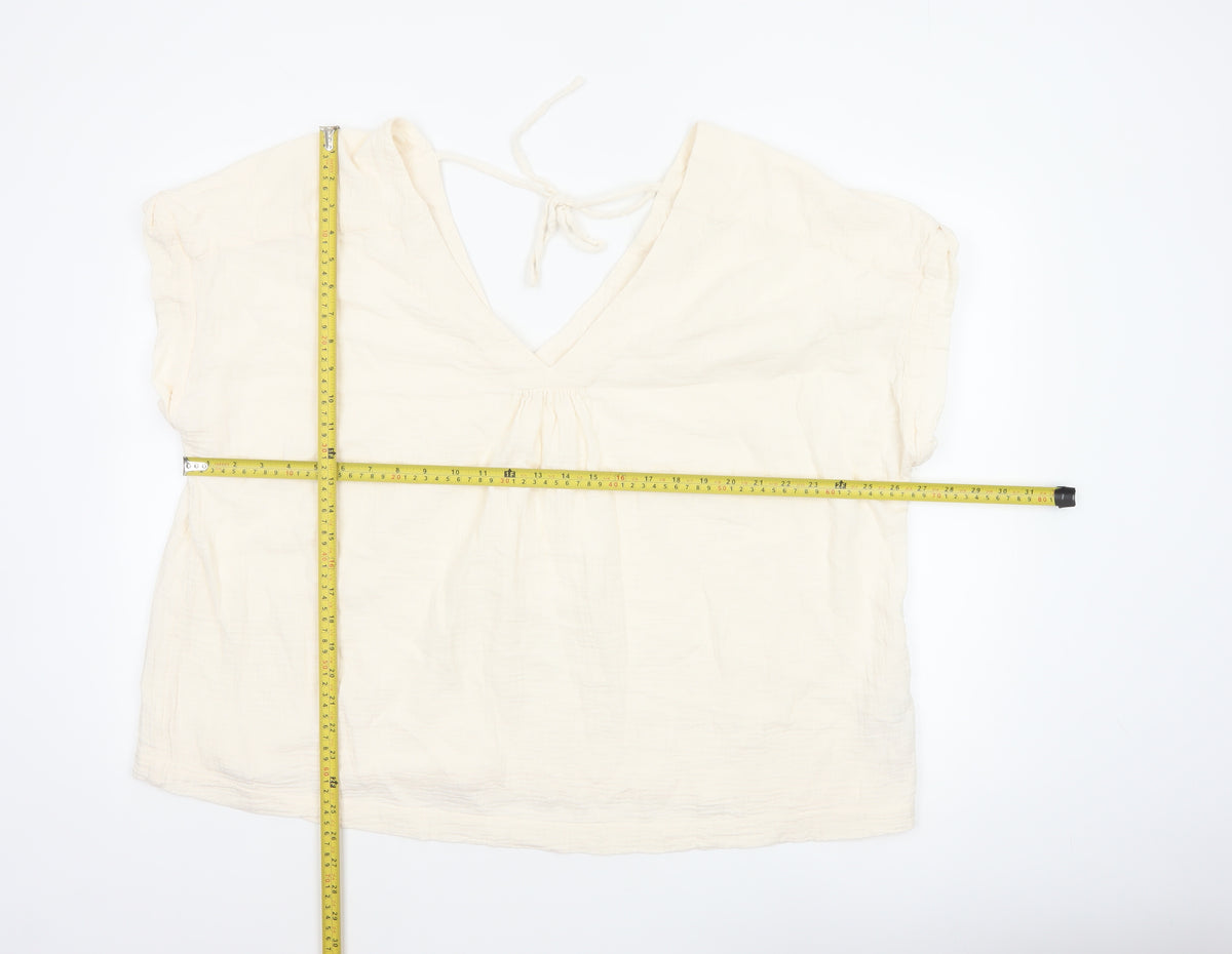Fat Face Women Ivory UK 20 Basic Cotton Tie-Back V-Neck Blouse