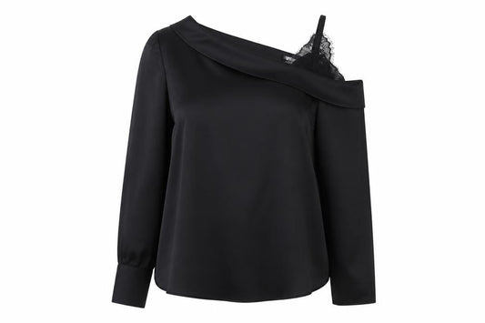 River Island Women Black Size 16 One Shoulder Lace Long Sleeve Blouse