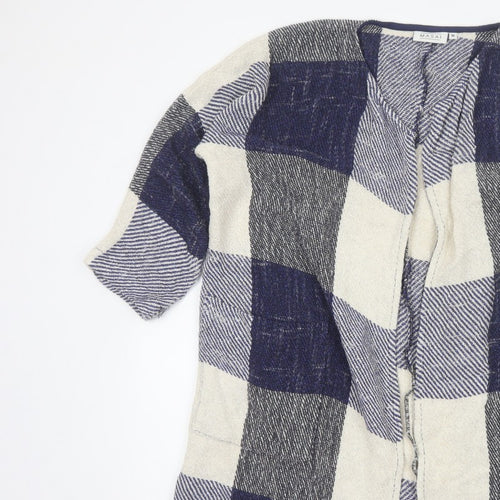 Masai Women Blue M Open Knit Check Long Jacket Cotton Viscose