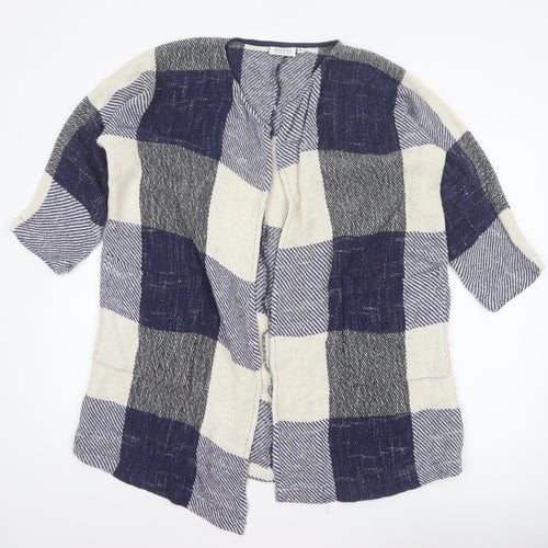 Masai Women Blue M Open Knit Check Long Jacket Cotton Viscose