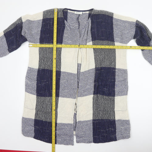 Masai Women Blue M Open Knit Check Long Jacket Cotton Viscose