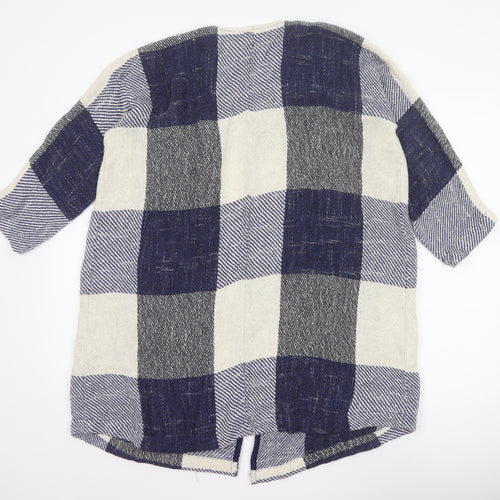 Masai Women Blue M Open Knit Check Long Jacket Cotton Viscose