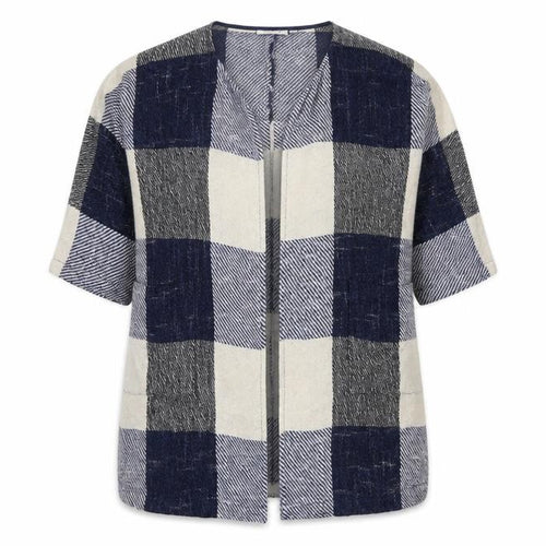 Masai Women Blue M Open Knit Check Long Jacket Cotton Viscose