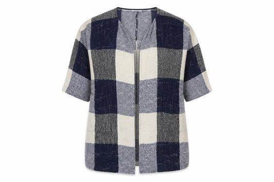 Masai Women Blue M Open Knit Check Long Jacket Cotton Viscose