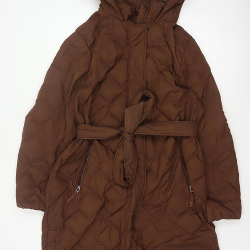 Marks and Spencer Women Brown UK 18 Long Hooded Belted Down Puffer Coat