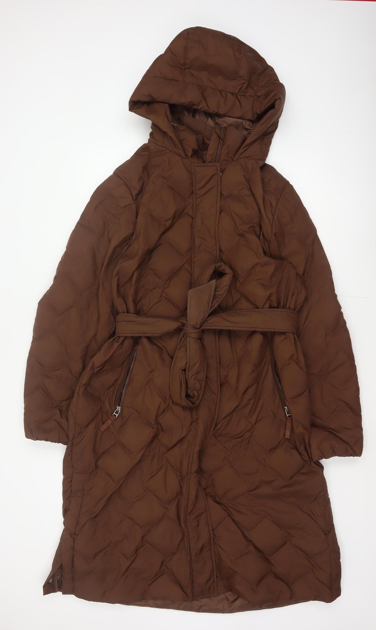 Marks and Spencer Women Brown UK 18 Long Hooded Belted Down Puffer Coat