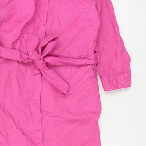 Boden Women Pink UK 12R Long Linen Cotton Belted Shirt Dress